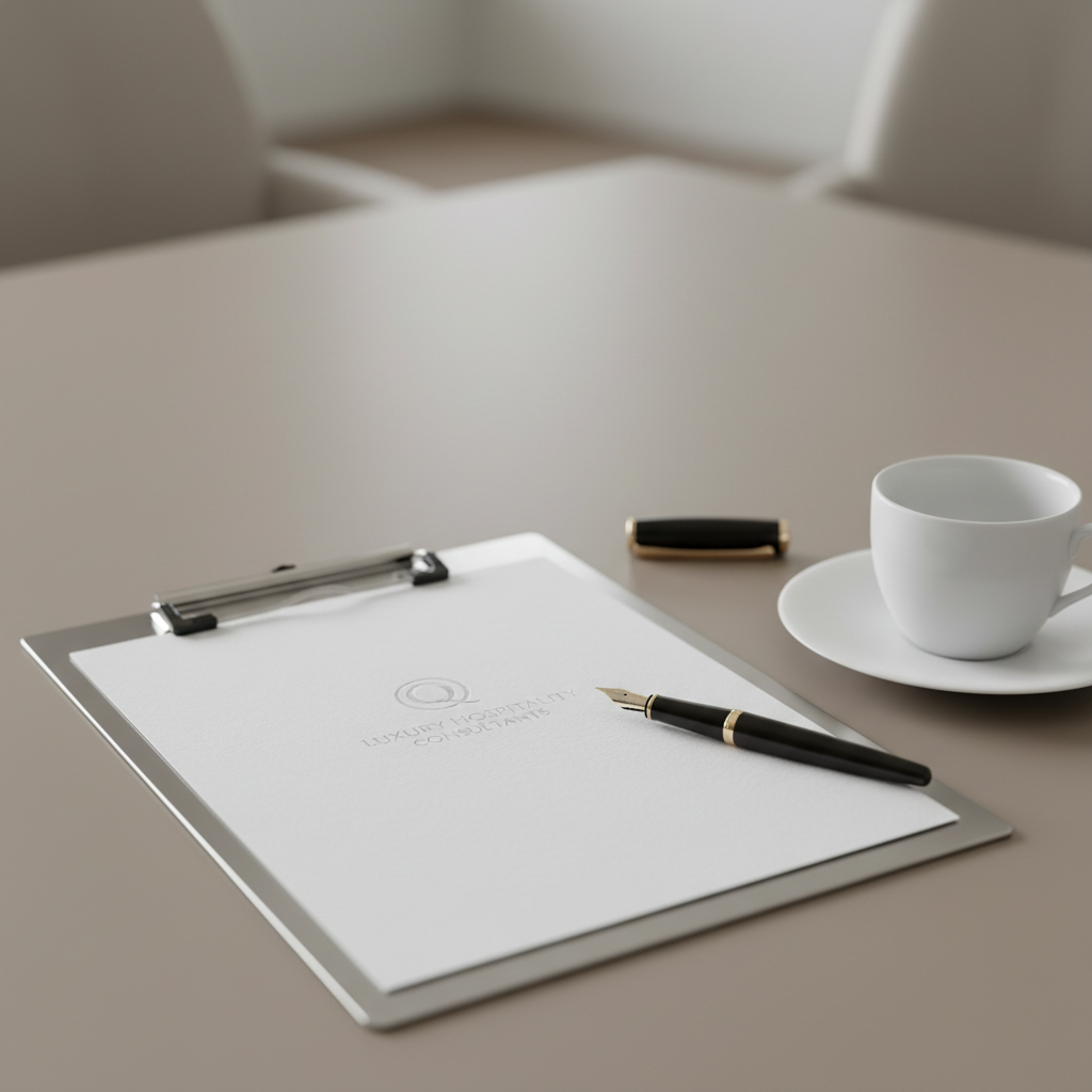 A close-up, highly detailed still life of a polished steel hotel quality inspection checklist clipboard resting on a smooth taupe conference table. The checklist is topped with a crisp embossed logo, and beside it sits a textured matte black fountain pen and a ceramic white cup on a matching saucer. The background consists of subtle, soft-focus neutral tones, with soft, even studio lighting generating minimal shadows and gentle highlights across the metallic surfaces. The atmosphere is focused and methodical, reflecting the consultancy’s attention to detail. Composed with asymmetrical balance from a slightly elevated side angle, this clean, minimalist, photographic image underlines precision and professionalism central to hotel quality assessment.