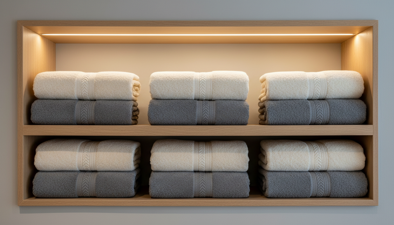 An immaculately organized set of textured, luxury hotel towels in stacked layers of ivory and soft grey, folded to crisp perfection on a polished oak shelving unit. The shelving rests against a matte, pebble-grey wall in a high-end hotel washroom environment. Soft overhead lighting casts delicate shadows beneath each stack and creates a warm, welcoming highlight along the towel edges, enhancing the tactile textures and conveying attention to quality. Photographed at eye-level, with a clean, centered composition and sharp focus, the scene embodies a commitment to quality improvement and guest satisfaction central to professional hotel consultancy.