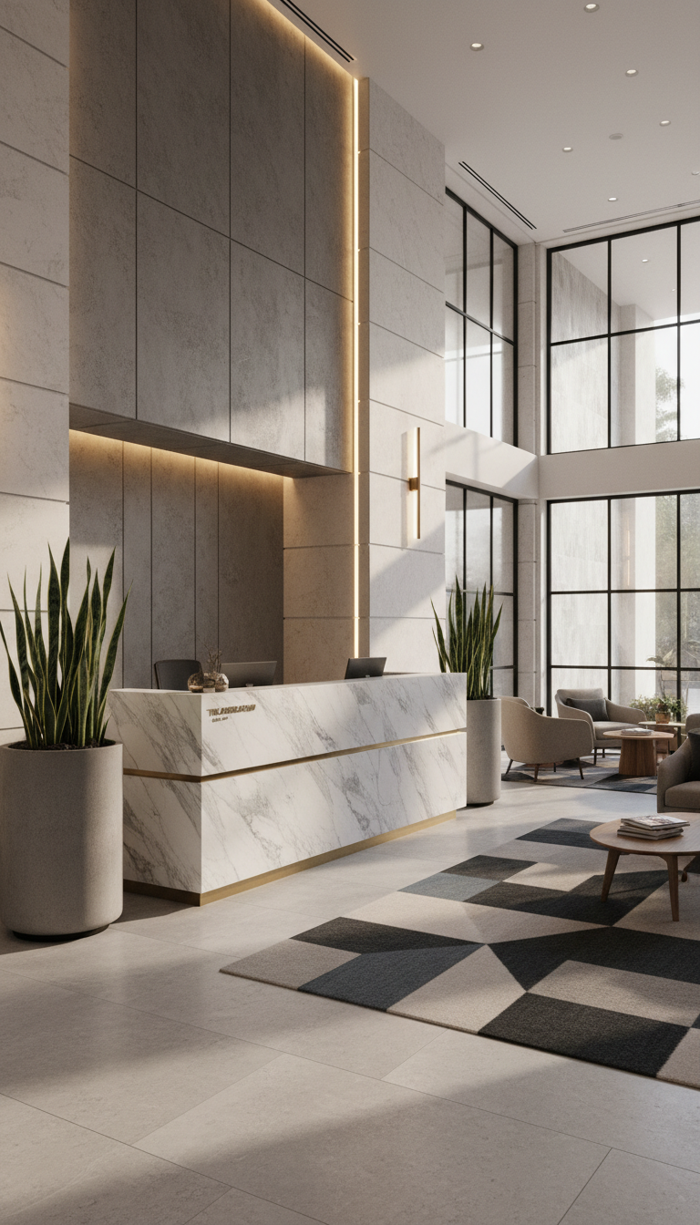 A meticulously arranged hotel lobby environment featuring an elegant marble reception desk with brushed metal accents, flanked by minimalist potted greenery in sleek cement planters. The backdrop showcases textured stone walls in a palette of soft greys and taupes, conveying sophistication and order. Diffused natural light pours in through expansive glass windows, creating balanced highlights on the marble and subtle shadows along the floor. The overall mood is calm, organized, and inviting, exuding professionalism. Captured from a wide, eye-level angle with balanced composition and sharp focus throughout, emphasizing spaciousness and clarity. The image style is photographic realism with clean lines and a corporate, structured aesthetic, perfectly aligning with a high-quality hotel consultancy brand.
