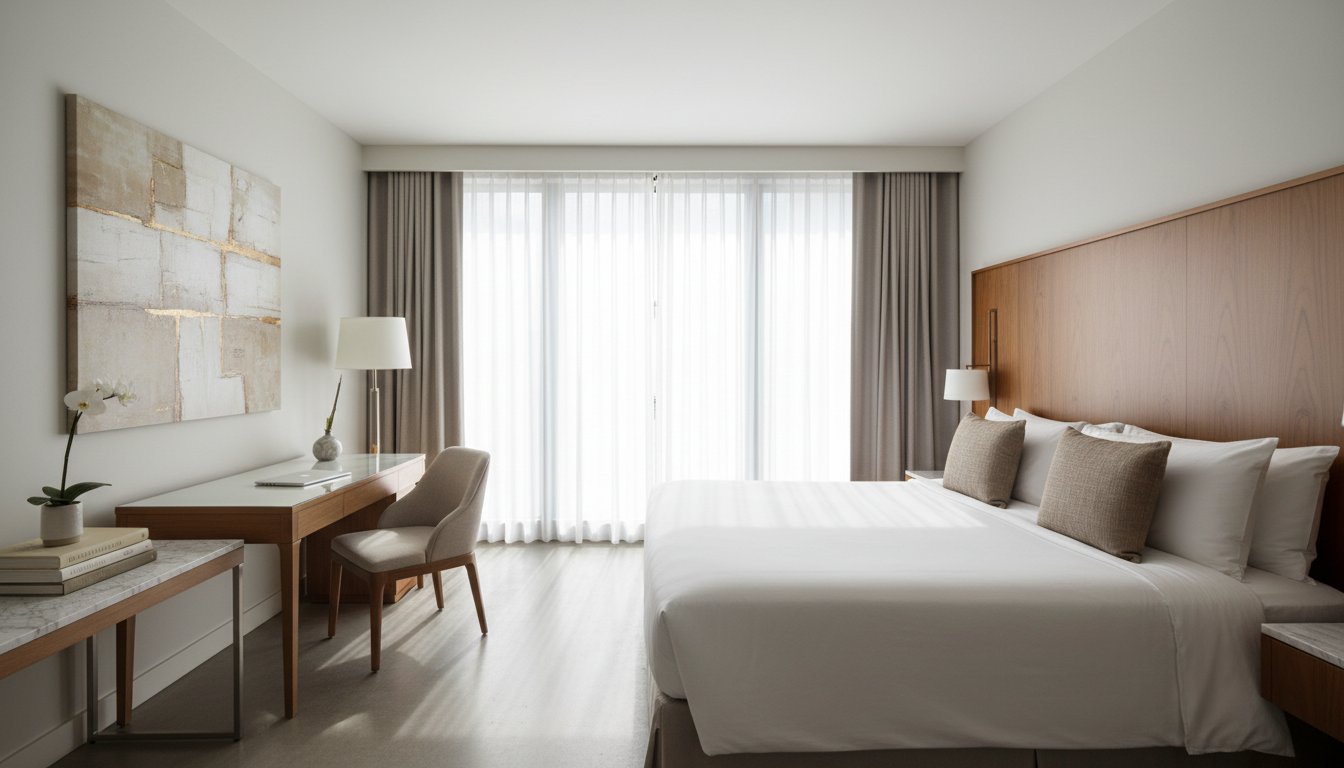 A spacious, modern hotel suite shown from a slightly elevated wide-angle perspective, highlighting a perfectly made bed with crisp white linens, structured taupe accent pillows, and a high-gloss walnut headboard. A sleek work desk, neutral-toned upholstered chair, and minimalist decor elements are arranged with precision, reinforcing a sense of refined order. Floor-to-ceiling windows drape the room in soft, filtered daylight, creating gentle highlights on surfaces and balanced, serene shadows. The mood is serene and aspirational, with a clean and orderly photographic composition that showcases the potential of high-quality hotel optimization, all within a professionally structured and corporate setting.
