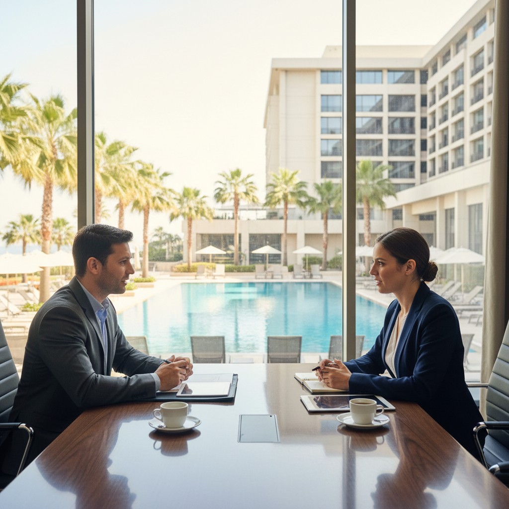 Er wordt gesproken door een man en een vrouw in een vergadering in een hotel met een zwembad in de achtergrond.